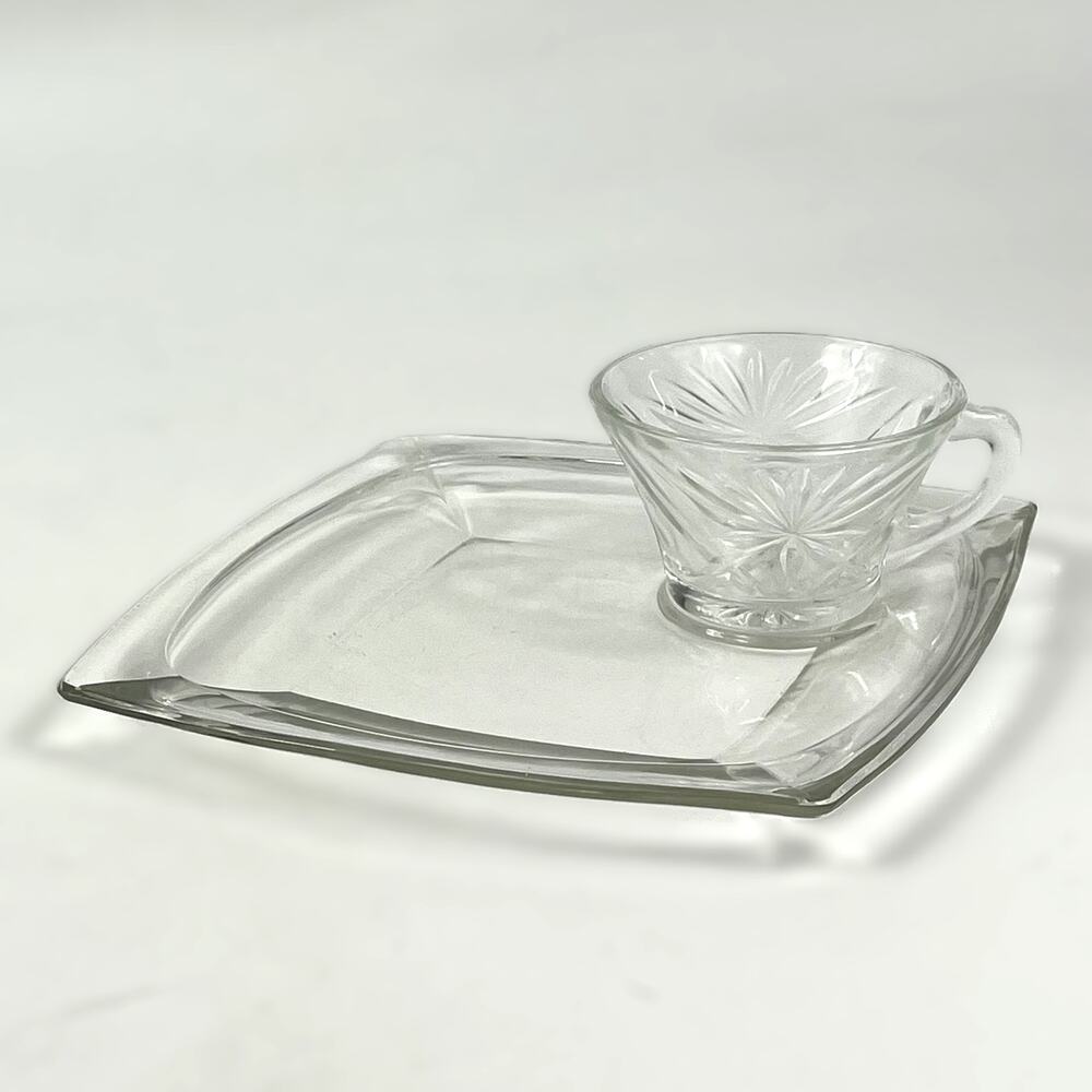 Snack Set Anchor Hocking Glass Starburst Cup Hazel Atlas Crystal Square Plate